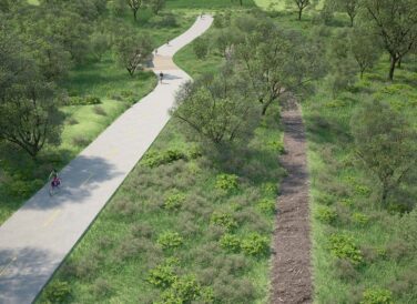 rendering of sidewalk and bike trail at Trinity Forest trail